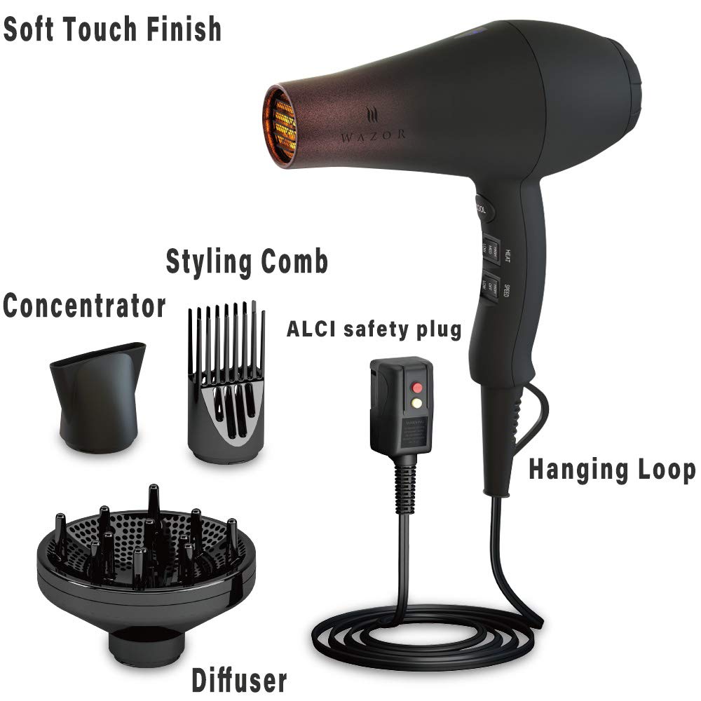 HAIROIC Pro Infrared Ionic Hair Dryer Tourmaline 1875W Powerful Blow Dryer  for Faster Drying, Includes Diffuser & Concentrator & Comb, Soft Touch  Finish – Americanecom